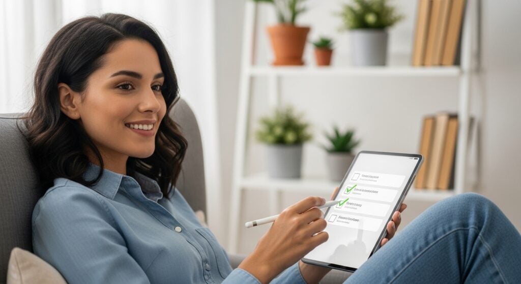 A woman confidently using a checklist to finalize her stress-free group vacation planning.