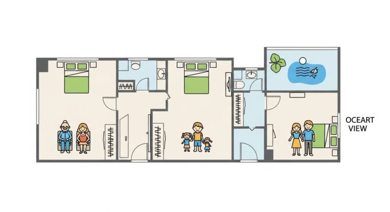 A floor plan graphic showing the best strategy for booking multiple rooms at an all-inclusive resort for a large family.