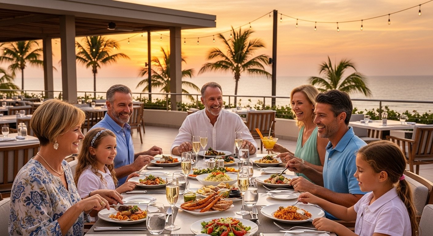 A large family enjoying a successful all-inclusive resort group dining experience.