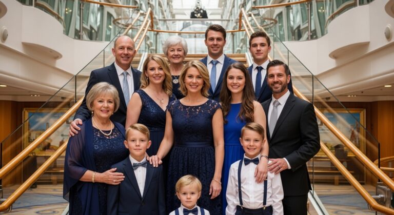 A large multi-generational family posing for a professional formal night photo, illustrating the topic 'are cruise photo packages worth it'.