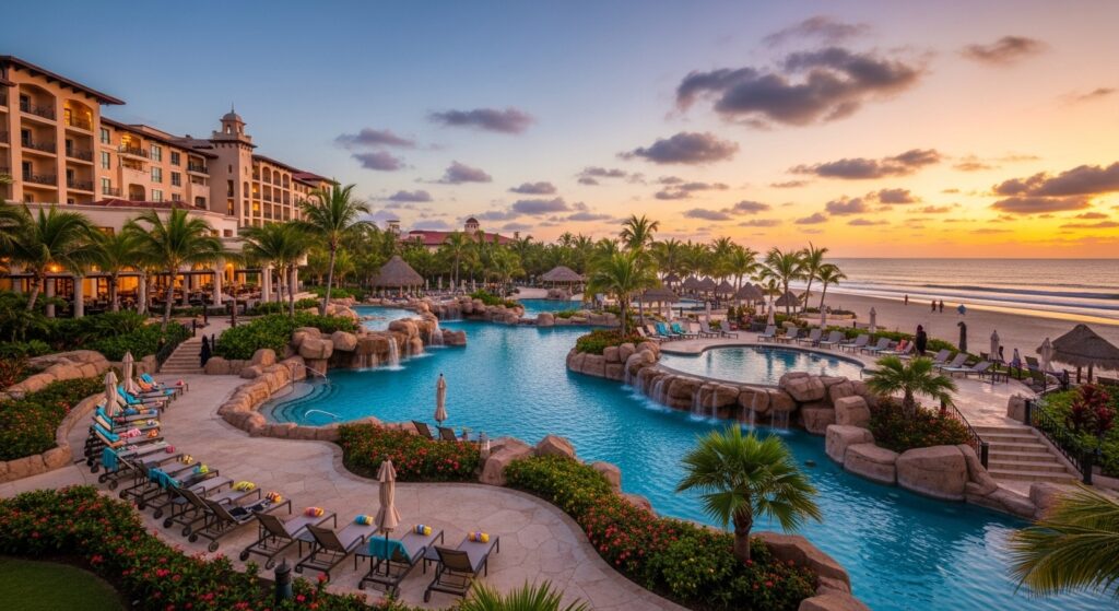 A sprawling all-inclusive resort with a large swimming pool complex and beachfront at sunset, another choice among the best vacations for multi-generational families.