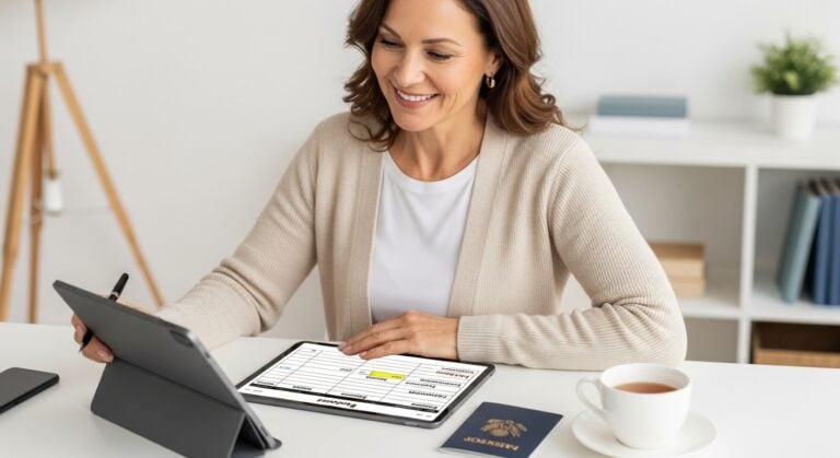 A woman confidently budgeting for a group all-inclusive trip using a spreadsheet on her tablet.