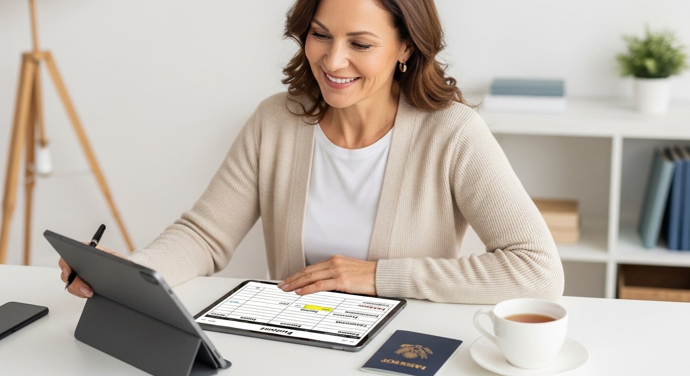 A woman confidently budgeting for a group all-inclusive trip using a spreadsheet on her tablet.
