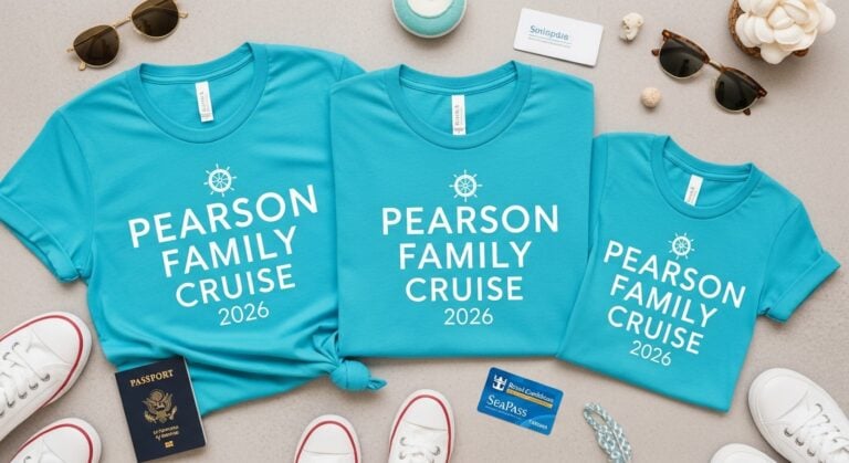 A flat-lay of modern, turquoise family cruise t-shirt design ideas for a multi-generational group.