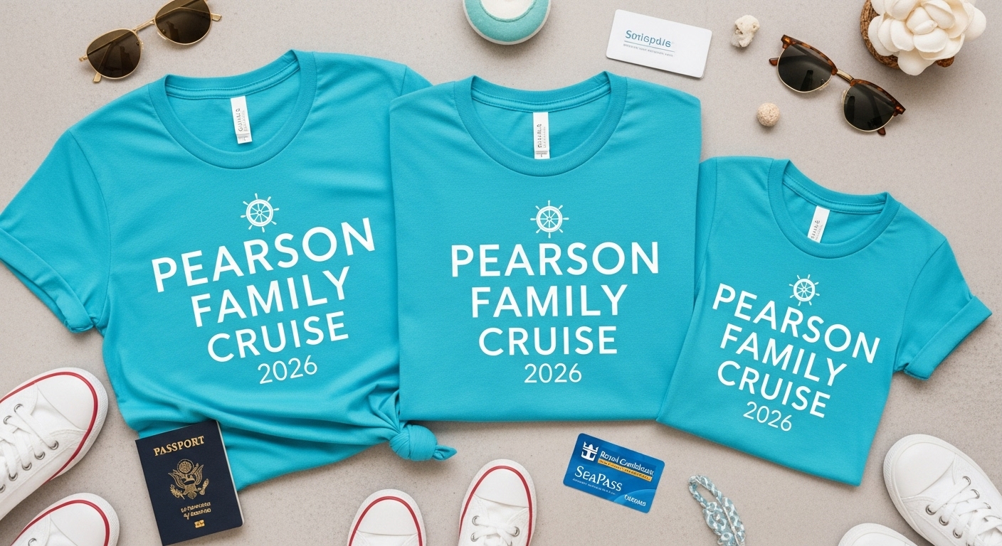 A flat-lay of modern, turquoise family cruise t-shirt design ideas for a multi-generational group.