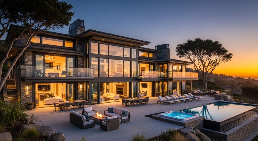 A luxurious multi-story vacation home with an infinity pool and patio seating at sunset, representing one option for the best vacations for multi-generational families.