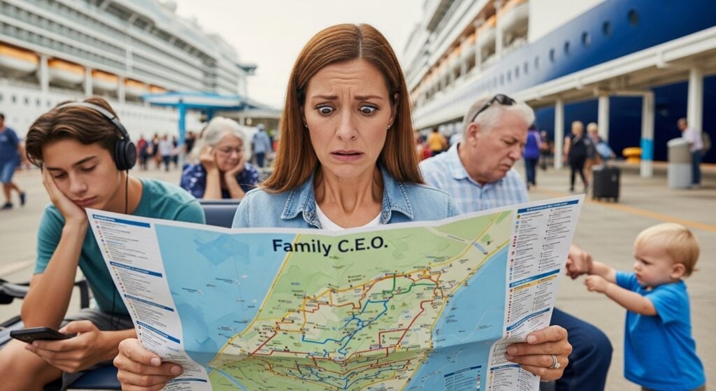 A stressed "Family C.E.O." trying to plan a shore excursion for her multi-generational family.