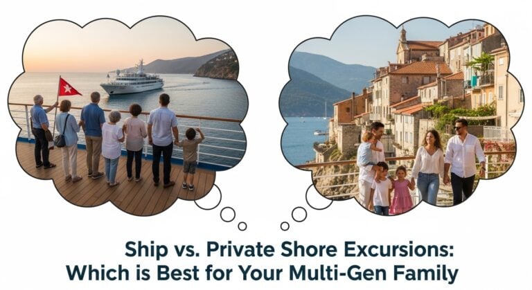 A split-screen image comparing ship vs private shore excursions for families to decide the best option for a multi-generational group.