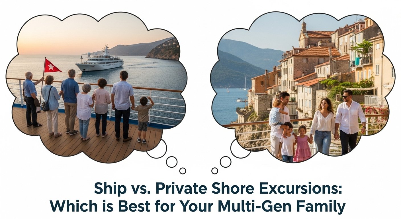 A split-screen image comparing ship vs private shore excursions for families to decide the best option for a multi-generational group.
