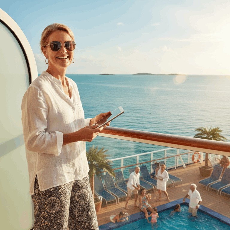 A relaxed woman planning a group vacation on a tablet while on a cruise ship with her family.