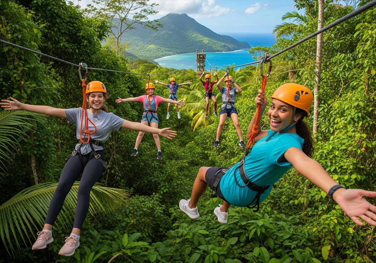 Teenagers ziplining through a tropical forest, showing one of the best caribbean cruise ports for teens.