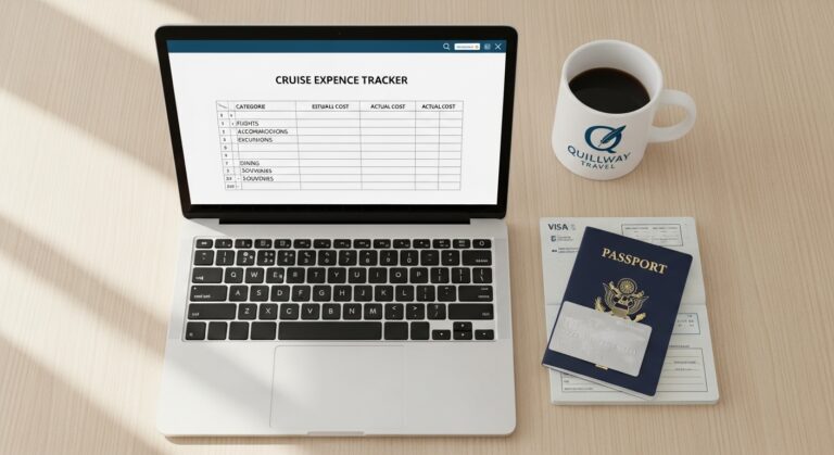 A laptop and passport on a desk showing how to collect money for a group trip in an organized way.