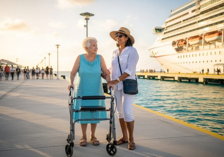 A senior woman with a walker enjoying one of the most accessible caribbean cruise ports with her family.