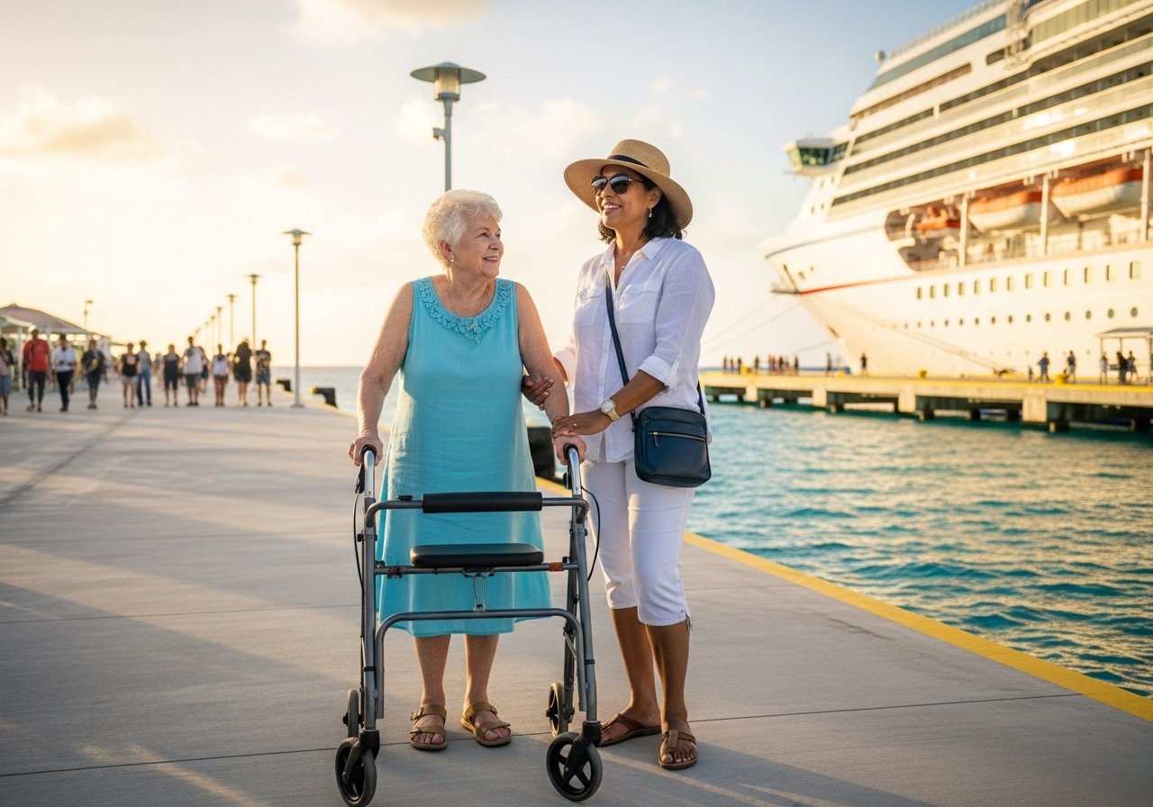A senior woman with a walker enjoying one of the most accessible caribbean cruise ports with her family.