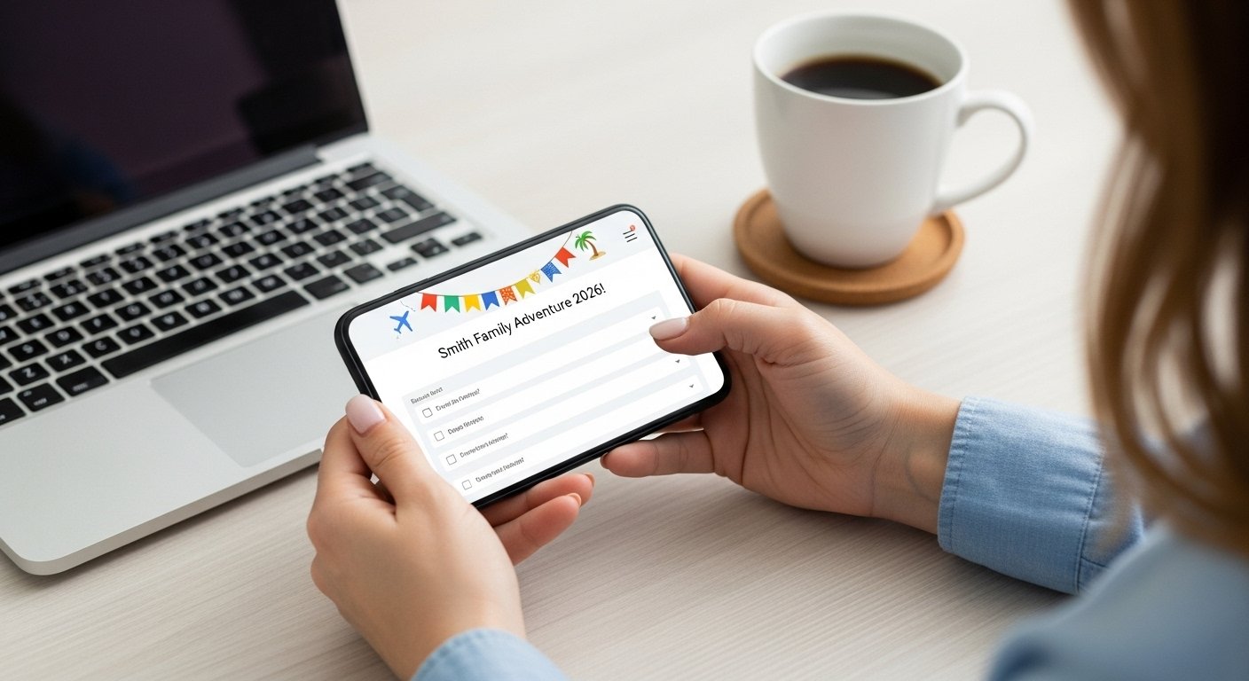 A phone showing a list of family vacation survey questions to help plan a group trip.